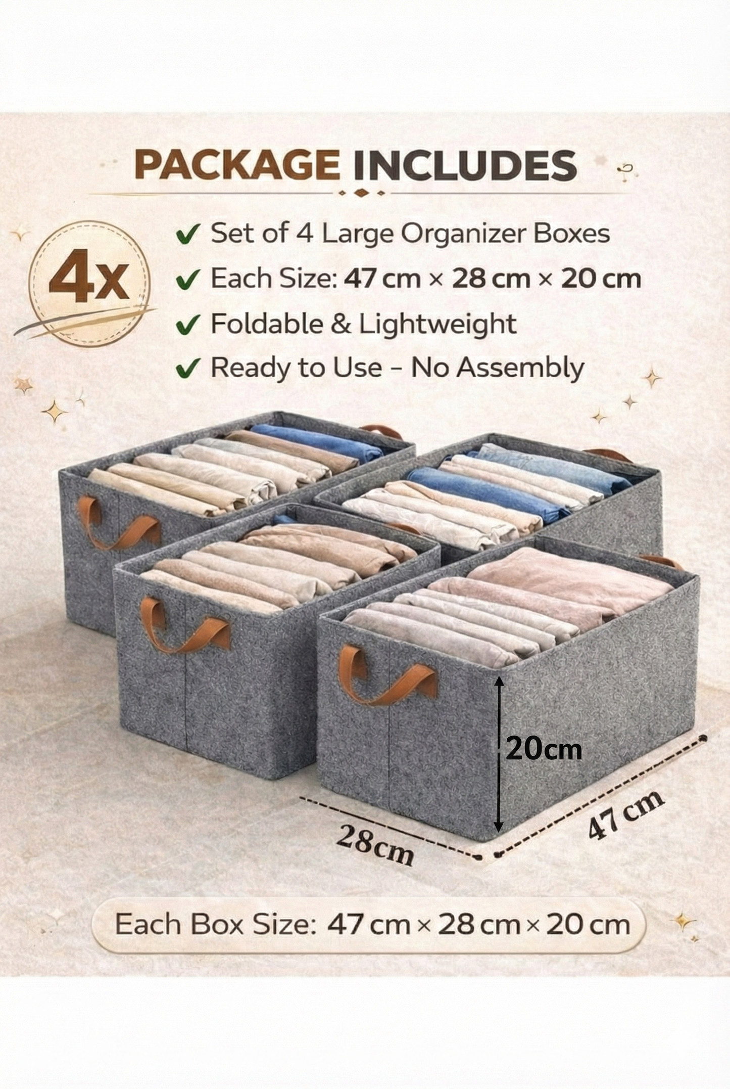 SortHaven™ Foldable Wardrobe Organizer – Space Saving Storage Boxes (Set of 4)