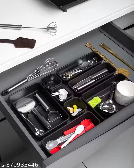 SortHaven™ Interlocking Drawer Organizer Set – 8-Piece Plastic Storage Trays (Black)