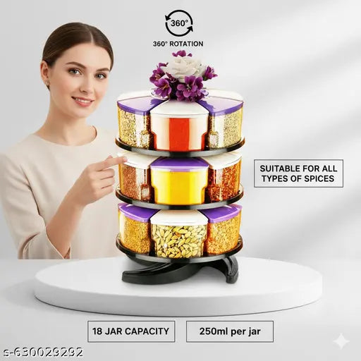 SortHaven™ 360° Revolving Spice Rack – 18 Airtight Masala Jars (300ml Each)