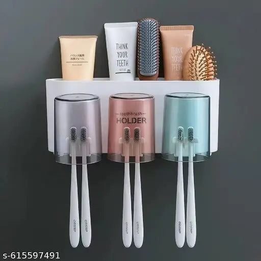 SortHaven™ Wall-Mounted Toothbrush Holder with 3 Cups – Drill-Free Bathroom Organizer