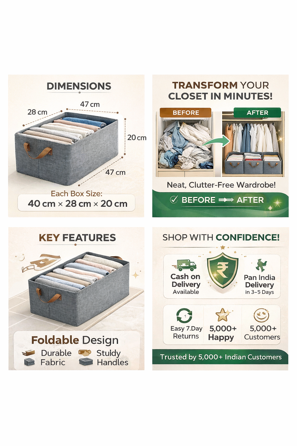 SortHaven™ Foldable Wardrobe Organizer – Space Saving Storage Boxes (Set of 4)