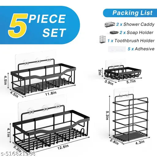 SortHaven™ Stainless Steel Shower Caddy Set – 5-Piece Wall-Mounted Bathroom Organizer
